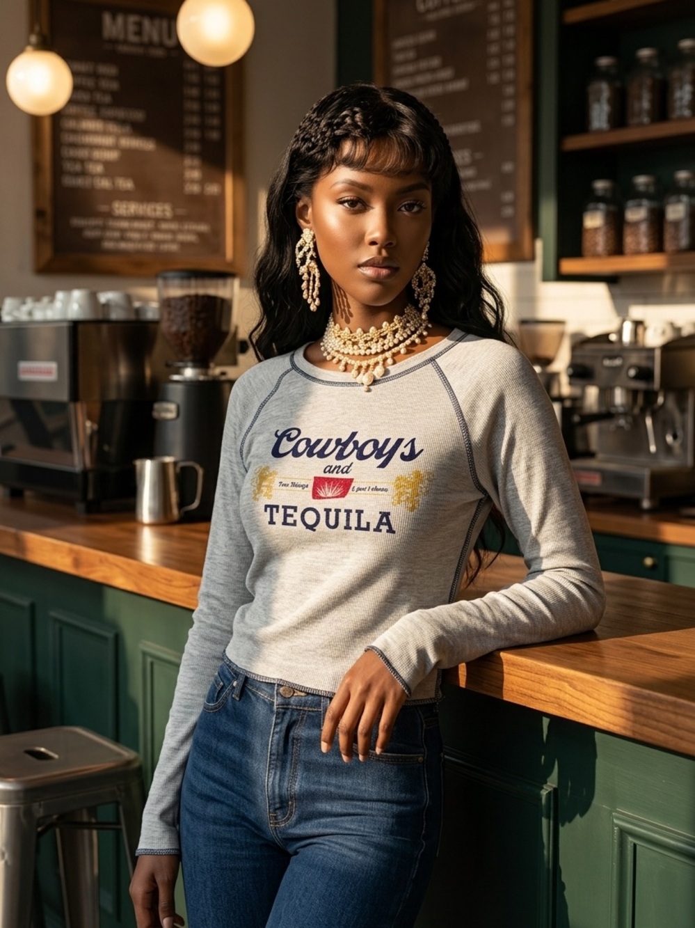 Cowboys and Tequila Long-Sleeve Graphic Tee — Light Gray